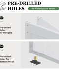 Pre-drilled holes in white bifold barn doors for hangers and bottom pivot, part of Game Changing 30 Inch Bifold Barn Doors With 34 Inch Hardware Kit Included.