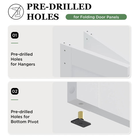 Pre-drilled holes in white bifold barn doors for hangers and bottom pivot, part of Game Changing 30 Inch Bifold Barn Doors With 34 Inch Hardware Kit Included.