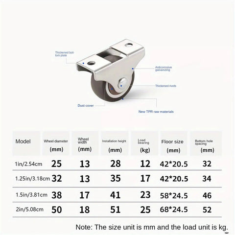 Close-up of Heavy Duty Low Profile Furniture Casters 4 Pack Soft Rubber Wheels Silent Glide showcasing technical specifications.