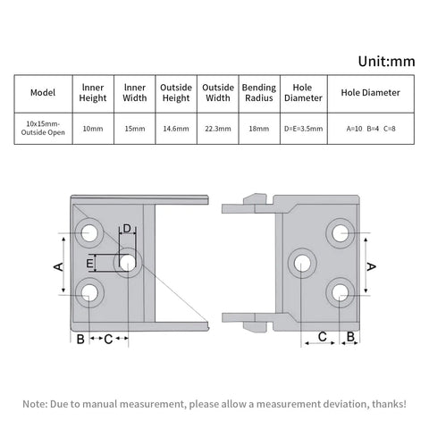 Technical diagram of Drag Chain Cable Carrier 10x15mm Open Type For 3D Printer And CNC Router, showing dimensions and hole placements.