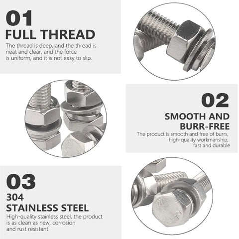 Heavy Duty Stainless Steel Hex Head Screws Bolts Kit Set With Nuts Flat Washers And Lock Washers 10 Sets 5/16-18 X 1-1/2 Inches 304 Grade 18-8 Fully Threaded Hex Bolts Kit By Levanco diagram showing features like full thread and smooth surface.