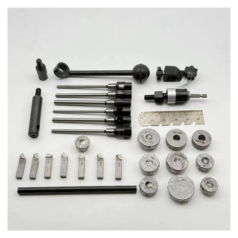 Get Your Ride Running Smooth Again With This Awesome Universal Valve Seat Repair Tool Including Boring Machine And Joystick For Fast Manual Family Car Fixes. universal steel valve seat repair kit with boring heads, cutters, and guide rods laid out