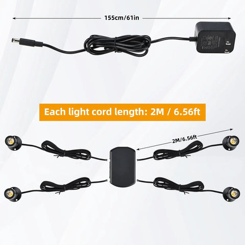 Dimmable LED Mini Spotlight Set For Jewelry Displays showing cord length and setup with adapter, 360 rotatable surface mount lights.