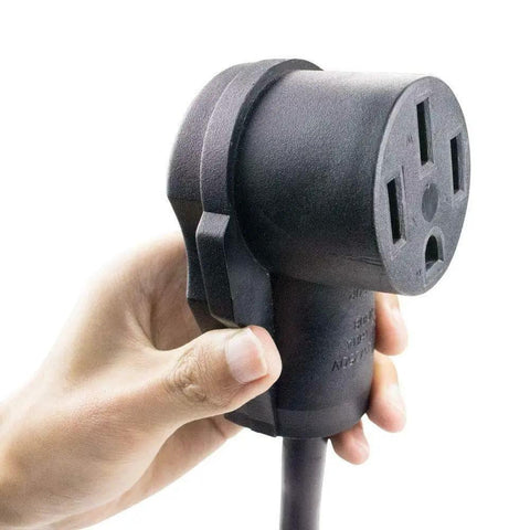 Person holding 6-50P to 14-50R EV Charger Adapter Cord for 220V 50 Amp Outlets, showing the 14-50R connector.
