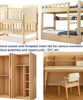 Must Have DIY Crib Hardware Replacement Kit For Delta Graco Dream Baby Beds With M6 Hex Drive Bolts And Barrel Nuts 40 50 60 70 80 Mm Includes Nuts And Wrench 25 Sets Silver, shown on various assembled wooden furniture including crib and bunk bed in a room setting.