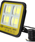 Gritproof Rechargeable Led Work Light With Solar Panel And Remote Control 200 Watt Waterproof Flood Lamp close-up view with wiring.