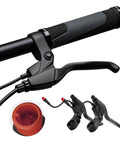 Two-Pin Electric Bicycle Brake Levers for E-Bike, Left and Right Pair, 12cm Cable Length, 22.2mm Handlebar Compatible, Waterproof Connector, Replacement Parts, showing black aluminum alloy levers and orange waterproof connector.