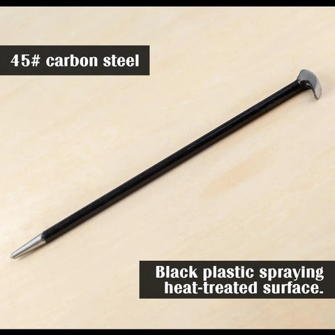 Heavy Duty Rolling Head Indexing Pry Bar Set Three Piece Carbon Steel Kit With Adjustable Leverage Hooks And Pointed Tips For Auto Body Work That Brings A Seriously Sick Vibe To Your Daily Grind on a wooden background displaying heat-treated surface.