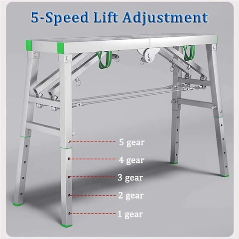 Adjustable Steel Scaffolding Ladder Workbench Built Like A Tank With 800 Lbs Load Capacity And Non Slip Pads For Heavy Duty Construction DIY Projects Converts To Rugged Portable Scaffold Platform showing 5-speed lift adjustment gear levels.