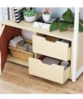 Five Tier Industrial Bookcase Walnut Storage Rack With Hefty Open Shelves For Books Vinyl And Keepsakes showing wooden drawers with magazines.