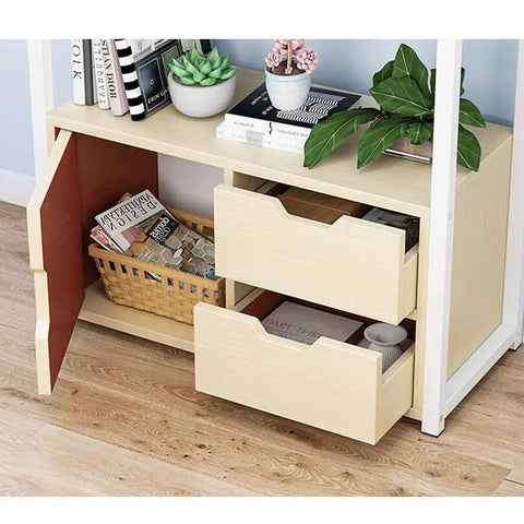 Totally Solid 5 Tier Industrial Bookcase In Premium Walnut Finish with open storage, drawers, and decorative plants.