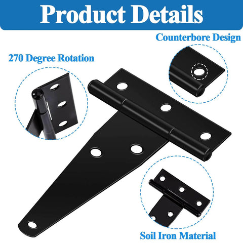 3 Inch Barn Door Hinges 8 Pack Black T Hinges 6Hole 270 Open Angle Weatherproof details with counterbore design