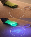 Comparison of carpet with and without Ultraviolet Blacklight Flashlight With 51 LEDs, 395 Nanometer UV Light detecting a stain