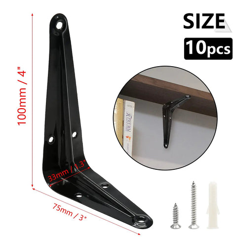 Ten Pack Beefy Black Shelf Brackets 4 By 3 Inch Metal Floating Shelf Brackets Heavy Duty Wall Mount L Brackets with screws shown