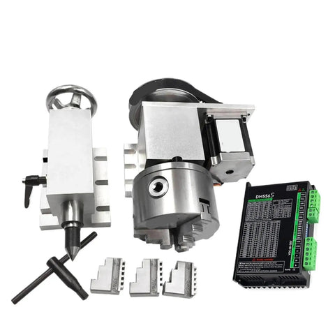 Top Tier Cnc Rotary A Axis Build Kit Featuring K11 100mm Mount With Three Jaw Chuck Attached To Mt2 Tailstock with driver.