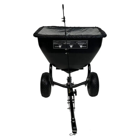 Front view of Deluxe Tow Behind Broadcast Spreader With Extended Easy Reach Handle And Weatherproof Cover, 175 Lb Capacity