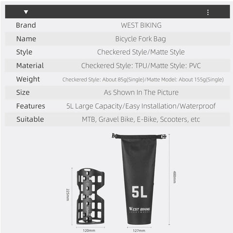 5L Waterproof Bike Fork Bag For Mountain And Road Bikes Front Pannier Dry Bag With Roll Top Closure, TPU PVC Material