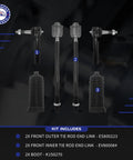 Six Piece Tie Rod End Kit With Boots For 2007 Through 2014 Chevrolet Silverado Tahoe Suburban And 2007 Through 2013 GMC Sierra 1500 Yukon XL 1500 Yukon Front Inner And Outer Tie Rod Ends displayed against a dark background.