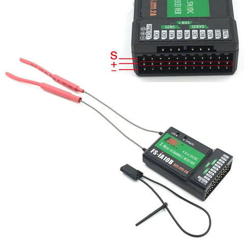 FS-iA10B receiver with upgrade cables shown, part of 10 Channel 2.4GHz RC Transmitter With FS-iA10B Receiver And Upgrade Cable For Helicopter Plane Quadcopter Glider Mode 2