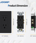Dope Matte Black Decorator Wall Receptacle Outlet 15A 125V NEMA 5 15R dimensions with wall plate, front and side view.