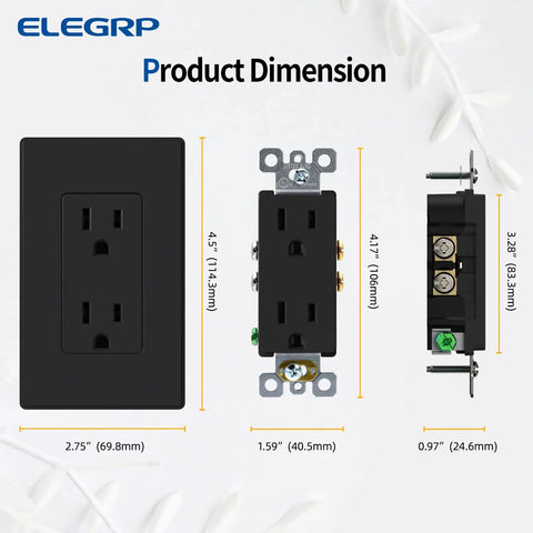 Dope Matte Black Decorator Wall Receptacle Outlet 15A 125V NEMA 5 15R dimensions with wall plate, front and side view.