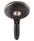 4-Function Handheld Shower Head With 5-Inch Face 1.8 GPM Polished Nickel Easy Grip Drench Massage Mist Eco Water-Saving Modes For A Refreshing Power-Packed Shower, showing the nozzle face with various spray holes.