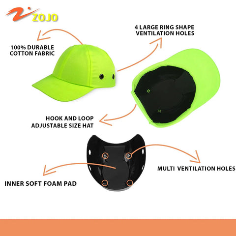 Baseball Bump Cap Hard Hat Safety Helmet 5 Pack Reflective Neon Yellow Twill Breathable Lightweight Adjustable Hook and Loop Fit One Size Fits Most Men and Women with ventilation holes and inner foam pad details