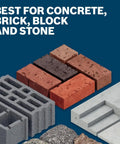 Various masonry materials like concrete, brick, block, and stone, with text stating best uses for construction projects.