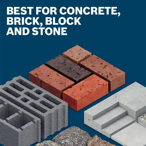 Various masonry materials like concrete, brick, block, and stone, with text stating best uses for construction projects.