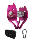 Zipline Pulley For Slackline Kit With Ninja Slider And Brake Stopper featuring pink pulley, carabiner, and brake stopper.