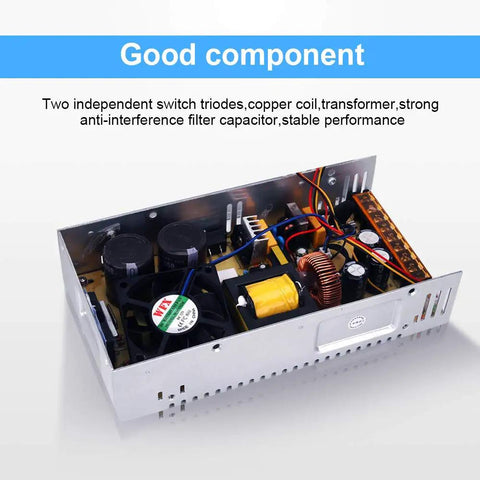 Adjustable DC Power Converter From AC 110V-220V To DC 0-48V At 10A, 480W, internal components, transformer, and cooling fan