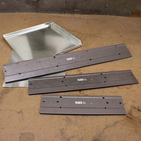 Klein Tools 86532 metal folding duct-bend panels, set of 3, 18 x 3 inches, gray steel.