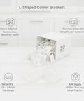 L Shaped Corner Brackets Set Of 50 White Iron Right Angle Supports For Furniture Assembly Cabinets Shelf Braces and Drawers Reinforcement With Powder Coated Finish Each Bracket Measures 2.6 By 2.6 Inches, open box on table.