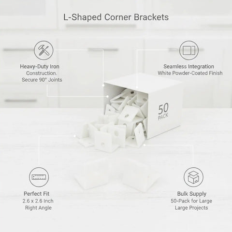 L Shaped Corner Brackets Set Of 50 White Iron Right Angle Supports For Furniture Assembly Cabinets Shelf Braces and Drawers Reinforcement With Powder Coated Finish Each Bracket Measures 2.6 By 2.6 Inches, open box on table.