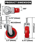 Diagram of 2.5 Inch Heavy Duty Swivel Caster Wheels Set with dimensions and 360-degree post mount M8 threaded stem for carts.