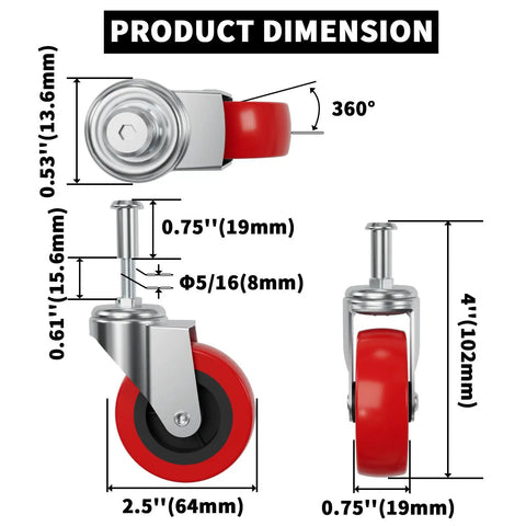 Diagram of 2.5 Inch Heavy Duty Swivel Caster Wheels Set with dimensions and 360-degree post mount M8 threaded stem for carts.