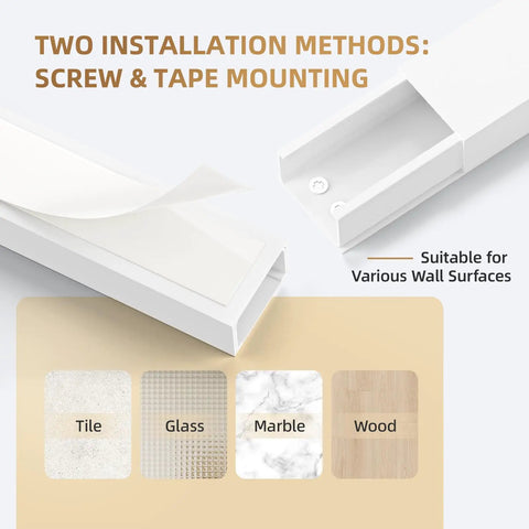 Cable Hider For Walls 315 Inch Long Cord Covers showing screw and tape mounting methods on various surfaces.