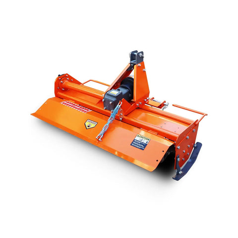37 Inch 3 Point Rotary Tiller Attachment For Cat 1 Tractors 15 To 25 HP With 540 RPM PTO Drive Cultivator, orange, angled view