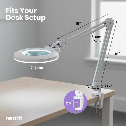 XL Bifocal LED Magnifying Lamp With 7 Inch Acrylic Lens 2.25x And 6x Magnification on desk with adjustable arm and clamp