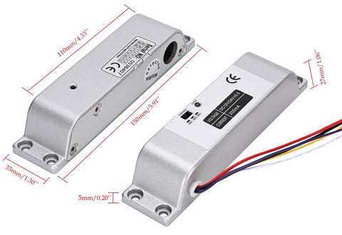 Lock Down Your Entry With This Electric Drop Bolt Lock Offering Fail Safe Reliability and NC Mode for 12V Systems, metallic finish, dimensions shown.
