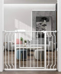 Extra Wide Baby Gate 38.6 To 43.3 Inches Walk Through Pressure Mount Auto Close White Metal Gate in doorway