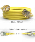 25 Foot Heavy Duty Outdoor Extension Cord With Waterproof Weatherproof Build LED Lighted Outlet And Locking Receptacle 125V 15A 1875W 3 Prong SJTW Electrical Power Cord ETL Listed Yellow coiled and extended on a white background.