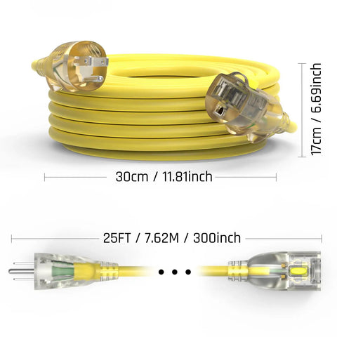 25 Foot Heavy Duty Outdoor Extension Cord With Waterproof Weatherproof Build LED Lighted Outlet And Locking Receptacle 125V 15A 1875W 3 Prong SJTW Electrical Power Cord ETL Listed Yellow coiled and extended on a white background.