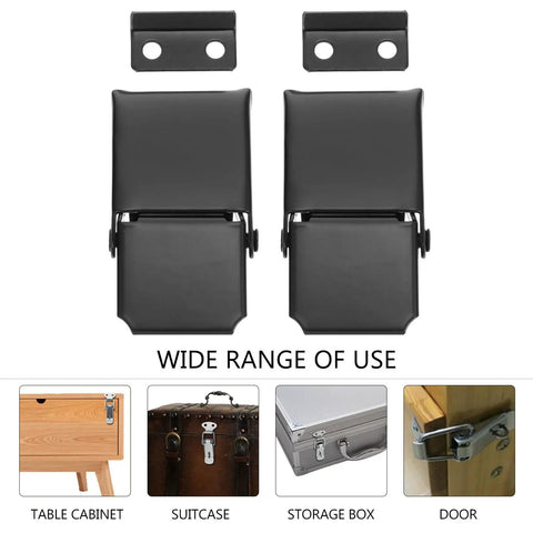 Loaded Hasp Toggle Latch Buckle Stainless Steel Two Pack Easy Installation Replacement Accessory For Storage Boxes Security And Cabinet Wardrobe Drawers Locking Hardware displayed with usage examples for table cabinet, suitcase, storage box, and door applications.