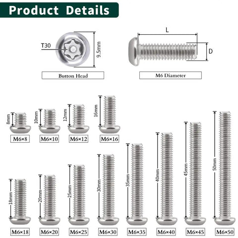 Badass M6 Security Torx Button Head Machine Screws 30 Pack Kit With Included T30 Driver Bit Made From Slick 304 Stainless Steel full size chart.