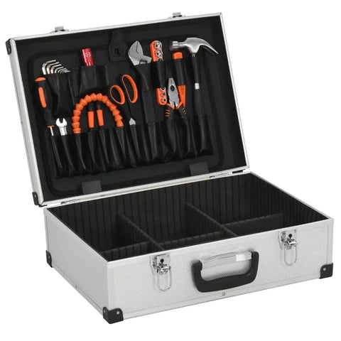 Open Hard Shell Aluminum Tool Case 18.1 By 13 By 6.3 Inch with tools and 6 adjustable compartments