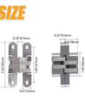 Hidden Door Hinge 0 to 180 Degree Opening Zinc Alloy Door Hardware Silver Small Size, shown in detailed measurements.