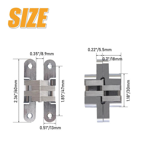 Hidden Door Hinge 0 to 180 Degree Opening Zinc Alloy Door Hardware Silver Small Size, shown in detailed measurements.