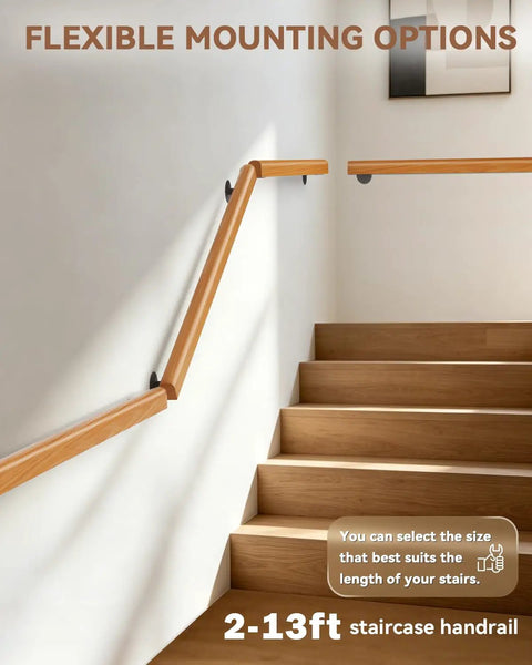 Rock Solid 2 Foot Wooden Stair Railing Wall Mount Handrail For Indoor Outdoor Stairs Smooth Finish with flexible mounting options.