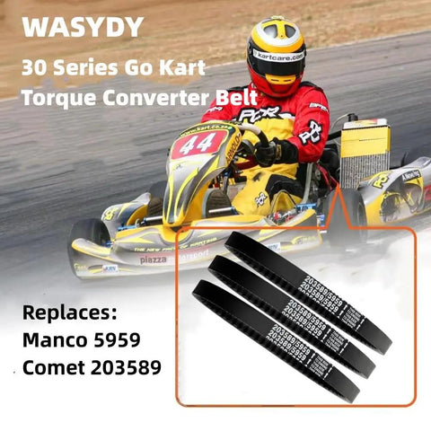 3 Pack Go Kart Drive Belt For 30 Series Torque Converter Replaces 5959 And 203589 with racer in background